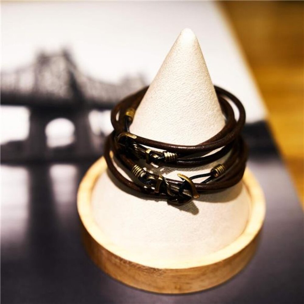 Handmade Genuine Leather Wrap Bracelet for Mens - Metal Anchor Hook Mens - Picture 4 of 6